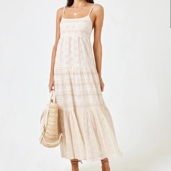 L*Space Santorini Maxi Dress "Falling For You" Eyelet Metallic Stripes Sz M - Picture 1 of 12